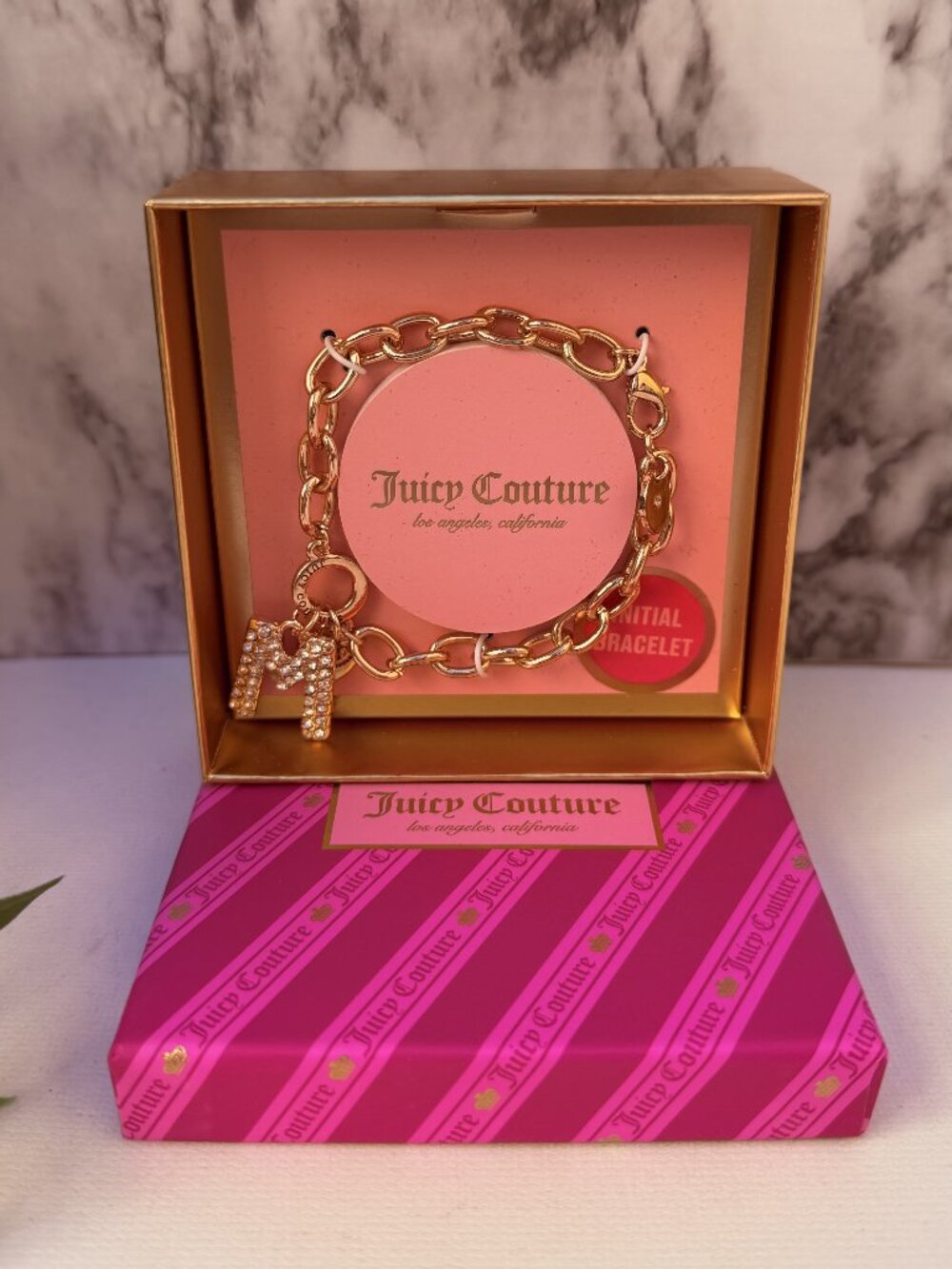 Juicy Couture Initial Charm Bracelet Gold Tone Letter M Rhinestone Gift Box